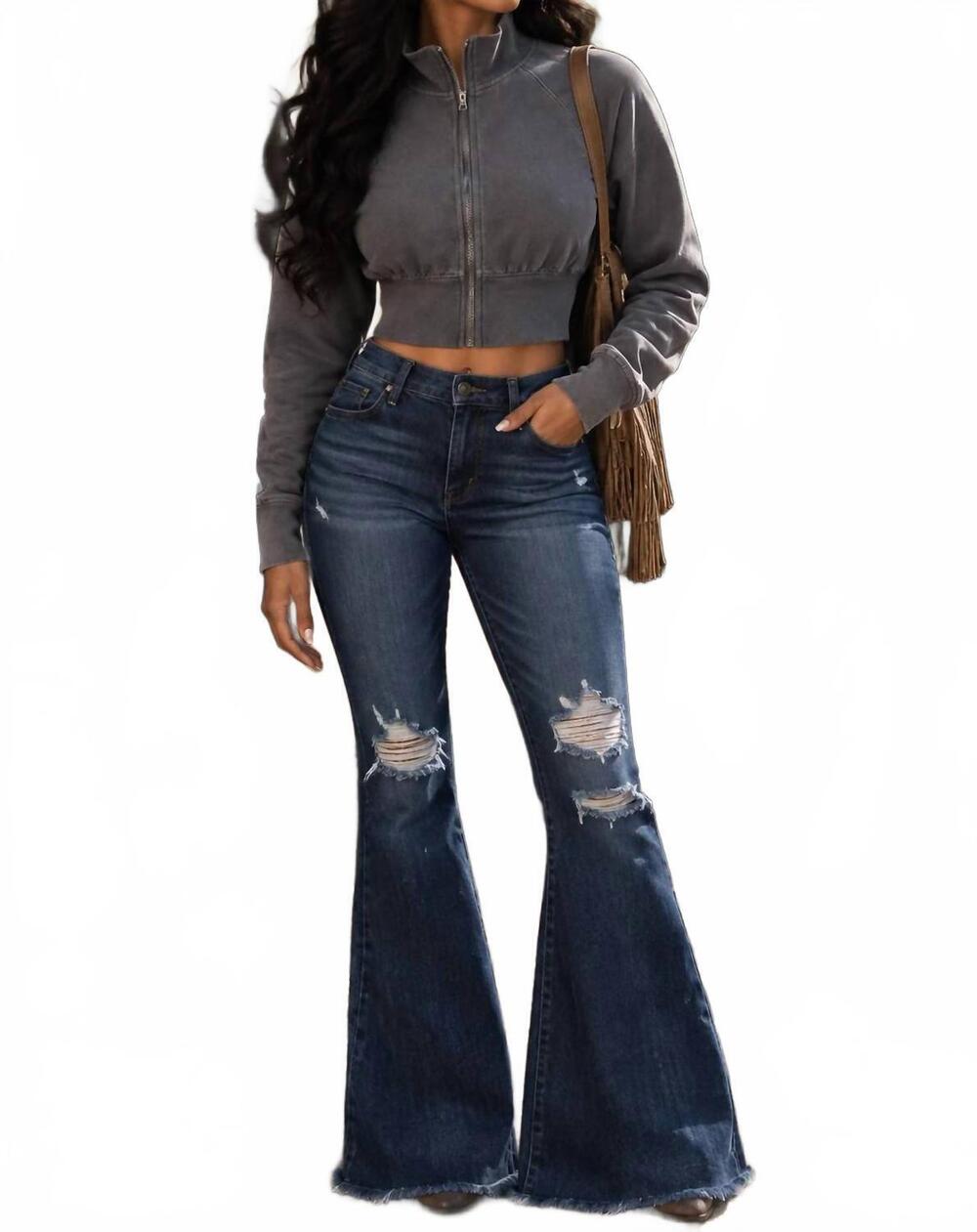 NEW SURELYMINE high-waisted distressed flare jeans in dark wash